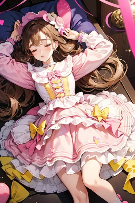 Sleeping B.B has brown hair in a plait that goes over the top of her head. She has pale skin and rosy cheeks. She also has large brown eyes. Her sleeping mask is a pale pink with two hearts on it covering the eyes. Her two piece outfit consists of a pearly...