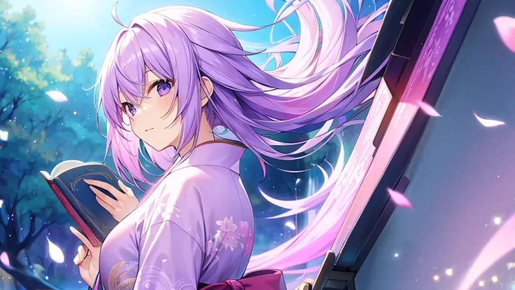 woman　clear　Light purple hair　　kimono　　Anime Style　reading　artist
