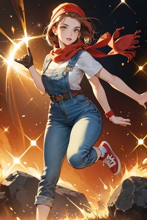 She has brown hair with a 1940s red head scarf/head bandana with a denim jumpsuit with a stain and a belt; she also has red socks and yellow sneakers. SPARKLE; GLITTER