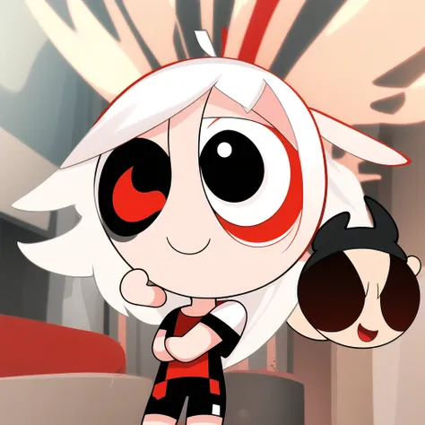 smile,chibi, full body, 1girl, white hair, red eyes, black short sleeve shirt, black shorts,