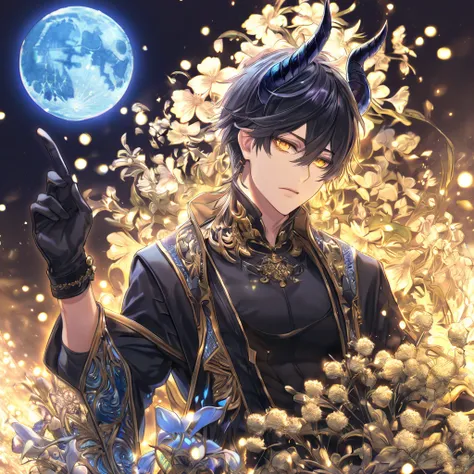 absurdres, highres, ultra detailed, HDR, master piece, Yuden, spiked black hair with bangs, hair between the eyes, expressive yellow eyes, black vest, Demon Fantasy, sexy man, handsome, best quality, blue moon, flowers, fantasy, magical, solo, black coat, ...