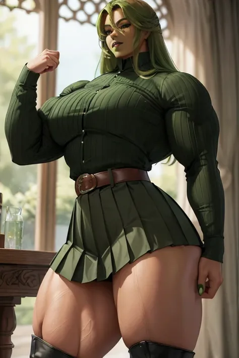 ((((Massive tall, beautiful, buff, light brown skinned muscular woman with green hair, black lipstick, ginormous bulky muscles and wearing a green long sleeve pleated shirt with beautiful long pleated skirt)))), (close view), (massive muscles), long curvy ...