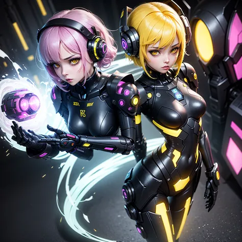 Robot Girl Android Sad Woman Beautiful sexy girl with yellow eyes Cyborg stands half-turn sideways Sadness Anime Style black dark background Cyberpunk robot costumes with yellow elements pink hair Lower part of the human body skin 