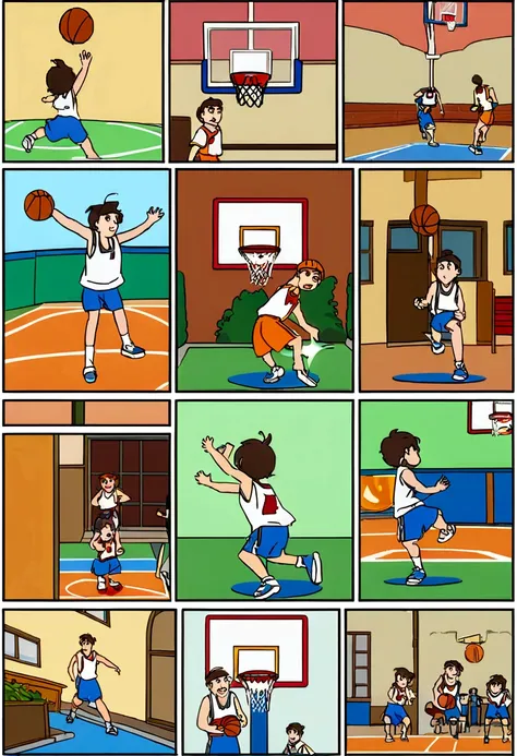 there is a basketball hoop with a basketball on it and a basketball ball hanging from the hoop, Emiliano Ponzi cartoon, dribble, Conceptual Art, basketball, from then on a basketball, Dunk, Animation stills, playing basketball, スラムDunk, scence of スラムDunk, ...