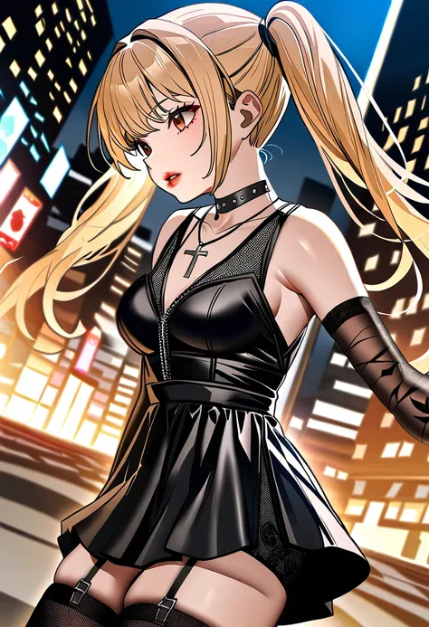 1girl,solo,amane misa, death note,super detailed skin,shiny skin,natural face,lips gloss,blonde hair,twintails,Goth,punk, thighhighs, dress, jewelry, collarbone, boots, detached sleeves, choker, black thighhighs, necklace, black footwear, black dress, slee...