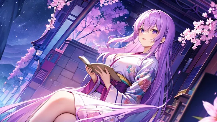 woman　clear　Light purple hair　　kimono　　Anime Style　reading　artist
