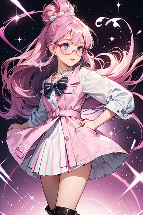 She has azure eyes and wears clear glasses, her skin is tanned with pink blush and lips. Her purple hair is worn up in a bow-shaped bun with streaks of raspberry to match her bangs. She wears a white lab coat dress with black stripes on the wrist and pocke...