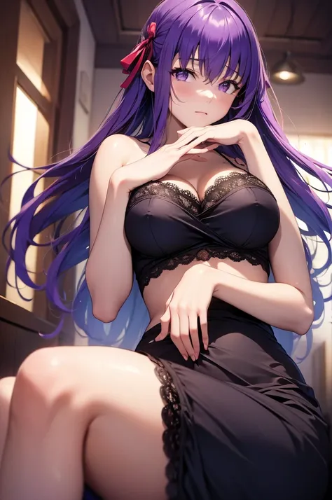 1girl,best quality, masterpiece, high resolution, solo, HD resolution, best quality, good quality, {matou_sakura_fatestaynightufotable:1.15}, purple_hair, long_hair, ribbon, hair_ribbon, purple_eyes, 1 girl, lace-trimmed bra purple, lace.trimmed bra, prett...