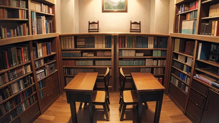 A narrow and dark study、The back wall is completely covered with bookshelves、There is one desk with a PC in the center.、No people