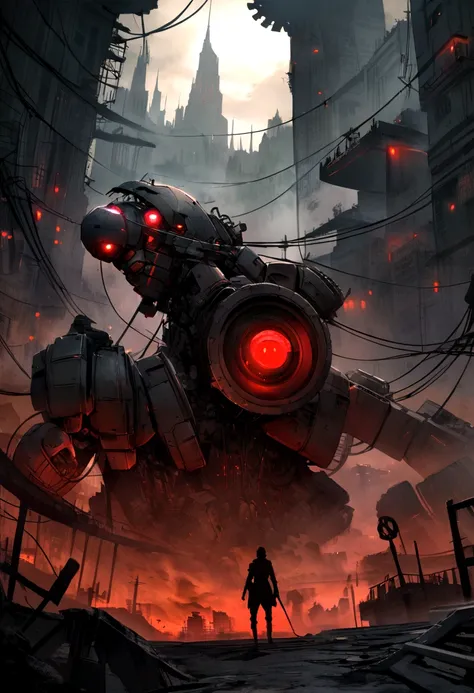 Horror comic. Mechanical construct with glowing red eyes, overtaking major landmarks around the globe, wires and gears exposed, moves with ominous purpose, shadowy presence, post-apocalyptic cityscape backdrop, digital painting, dramatic lighting, volumetr...