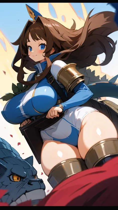 Anime, 1 girl, huge Brown hair, fluffy hairstyle, blue eyes, busty, gorgeous plumpy body, plump hips, heavy armored, Holding a gigantic weapon, she had dragon wings, she had a large tail, smiling