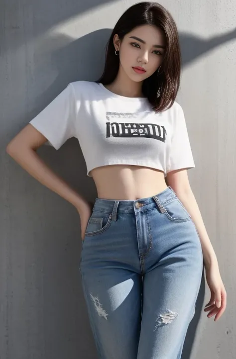 Close-up of woman in gray shirt and jeans, Wear a sexy crop top., wearing crop top, Wear a crop top.s, Photo of a thin young model, Wear simple, tight-fitting clothing., Thin waist and thick hips, Wear a crop top., Female model, 2 4 years old, With a torn ...