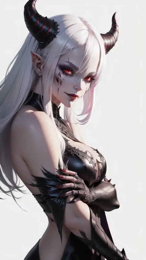 a demon with horns and white hair is posing for a picture, succubus, a demonic skin, Nectrotic skin, Burnt skin, female demon, hyperdetailed fantasy character, dark demon succubus, portrait of an demon queen, demon princess, of an elden ring demon, demon c...