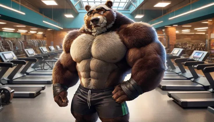 solo, 1boy, Huge Muscular Old bear wearing glasses, brown fur, hairy pectoral, huge pectoral, wide pectoral, short white hair, short pants and shirtless, bearded, mustache, simple background, masterpiece, high detailed, 8k, high resolution