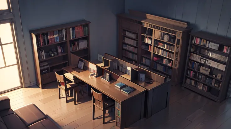 A narrow and dark study、The back wall is completely covered with bookshelves、There is one desk with a PC in the center.、No people、from the front