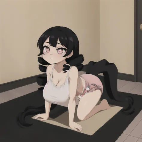 black hair, female, twin drills, solo, smol, pink eyes, massive breasts, oppai loli, very long hair, wear open cut black tight tank top and massive diaper, crawl on all fours inside room, masterpiece, ultra high quality