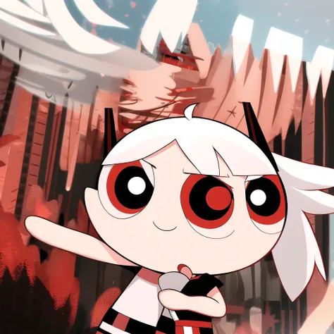 smile,chibi, full body, 1girl, white hair, red eyes, black short sleeve shirt, black shorts,