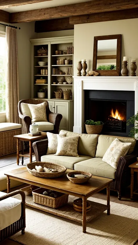 The living room of a country house usually has a cozy and rustic decor.. Here are some common details:

1. **FURNITURE**:
   - **Sofas and armchairs**: Comfortable, often upholstered in natural fabrics such as linen or cotton.
   - **Coffee table**: Often ...