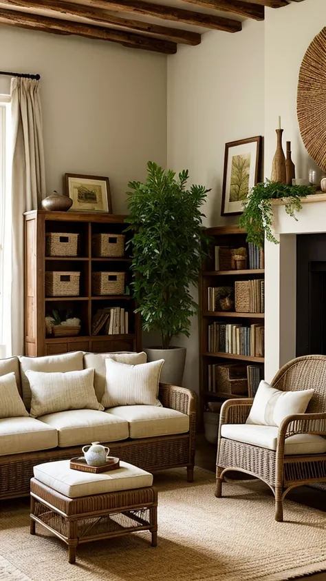 The living room of a country house usually has a cozy and rustic decor.. Here are some common details:

1. **FURNITURE**:
   - **Sofas and armchairs**: Comfortable, often upholstered in natural fabrics such as linen or cotton.
   - **Coffee table**: Often ...