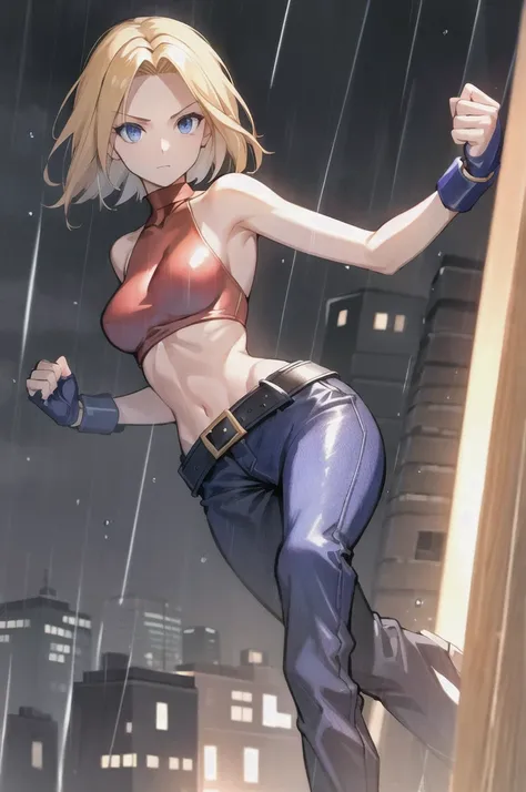 maryms,Best Quality,(beauty),masterpiece,  1girl,phisically-based render ,ultra highres,narrow waist, skinny,big eyes,long legs,(small breasts),puffy eyes, night,(rainy city), shiny skin, facing viewer, fighting stance, (make a fist),firm expression,