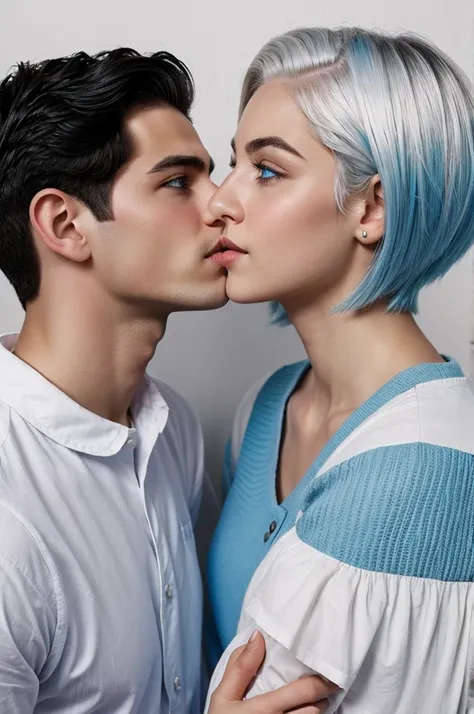 Boy with white hair and eyes kisses a cute girl with dark hair and blue eyes