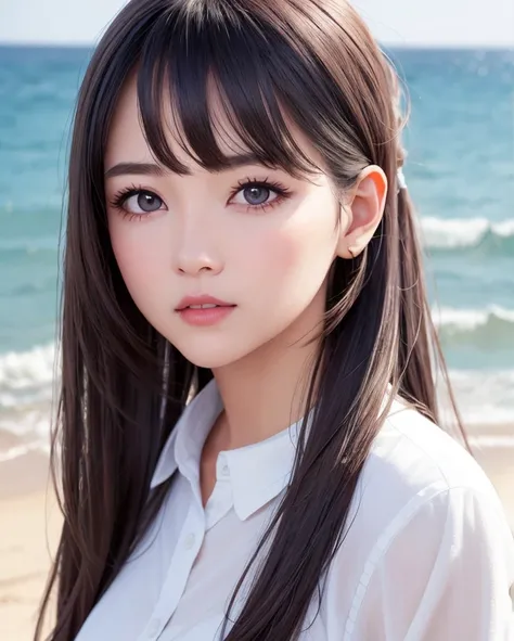 Realistic human face,Background,Delicate facial features, bangs, Brown ponytail, Messy Hair, The hair is very realistic, Wearing a short-sleeved white shirt, Sense of clarity,The background is empty, Ocean view, Du Qiong, Exquisite makeup, thin red lips, B...