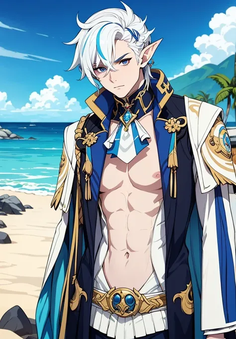 Masterpiece, Best Quality, 1boy, neuvillette, blue hair, White hair, multicolored hair, hair between eyes, pointy ears, hair ornament, topless man, muscular, as well, mar, arena, tropical island background 