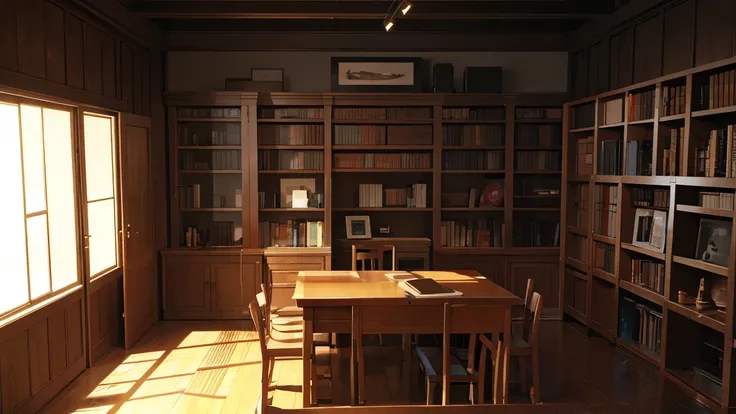 A narrow and dark study、The back wall is completely covered with bookshelves、The only furniture is a desk with a PC in the center.、No people、Front horizontal view