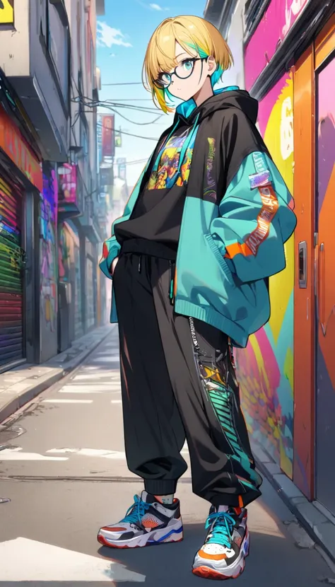 1girl, boyish, wearing glasses, aqua eyes, blond hair, short hair, colorful inner hair, headphone, hoodie, long pants, sneakers, street