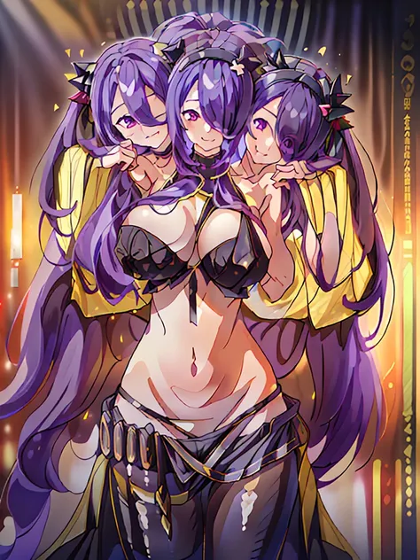 (masterpiece, best quality), best resolution, (3heads:1.5), 1girl, purple hair, long flowing hair, curly hair, smiling, seductive smile, open belly, black crop top, golden-black miniskirt, open breasts, huge tits, black headband with horns,
