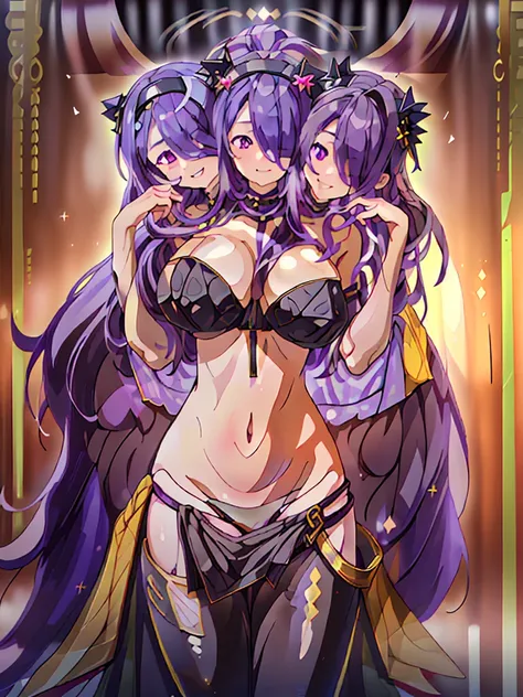 (masterpiece, best quality), best resolution, (3heads:1.5), 1girl, purple hair, long flowing hair, curly hair, smiling, seductive smile, open belly, black crop top, golden-black miniskirt, open breasts, huge tits, black headband with horns,
