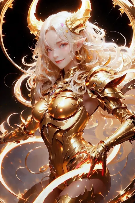 a golden dragon flying through the sky, and a sensual sexy girl, with golden hair in naughty armor, fully body