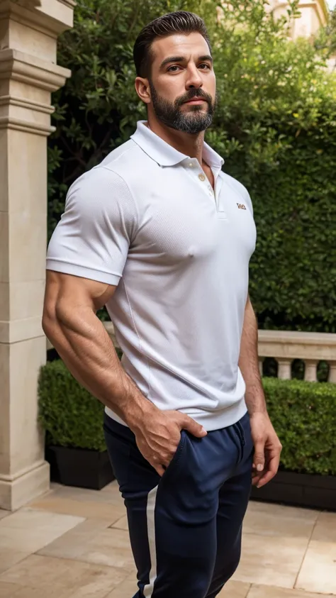 Handsome frances muscular man beard, strong and muscular legs, big lump, artwork,, super sexy in  casual pants and caqui polo shirt with blackstripes 8k ultra realistic masterpiece great detail next to a font super muscular , sexy , en el egante jardín de ...