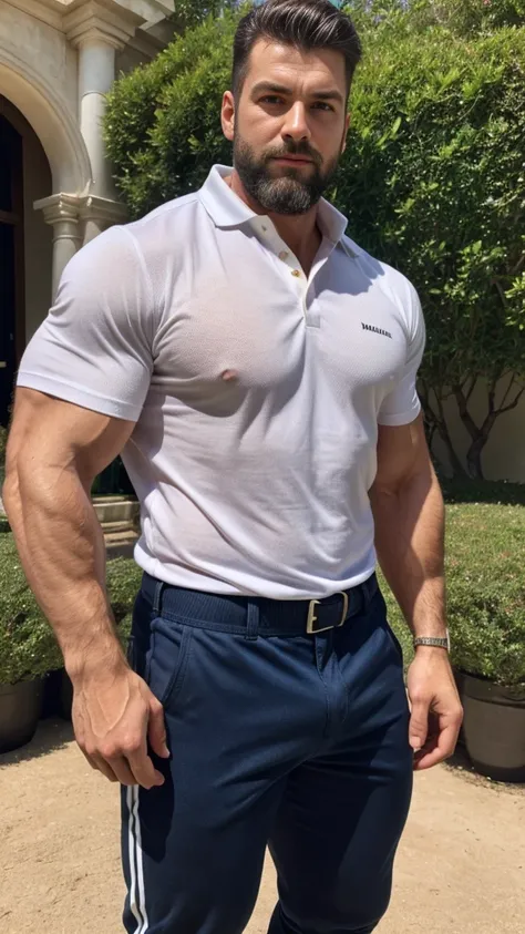 Handsome frances muscular man beard, strong and muscular legs, big lump, artwork,, super sexy in  casual pants and caqui polo shirt with blackstripes 8k ultra realistic masterpiece great detail next to a font super muscular , sexy , en el egante jardín de ...