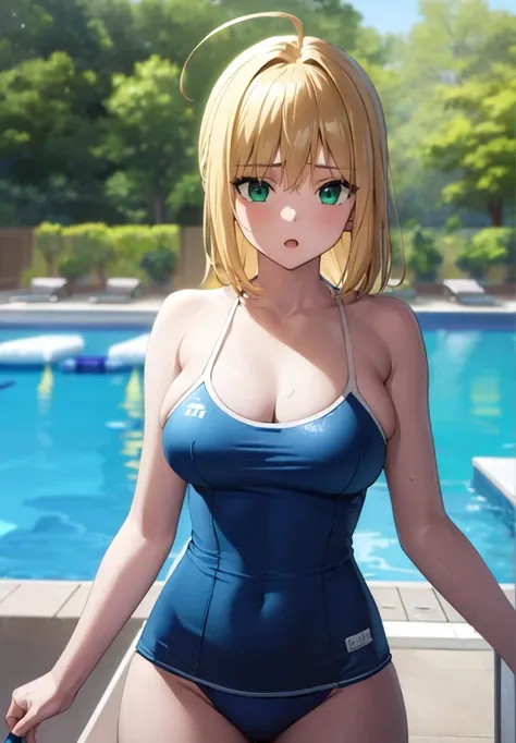 1girl,masterpiece, best quality, high resolution, green eyes, blue school swimsuit, school swimsuit, big breasts, nice breasts, pretty, blonde hair, blonde, ahoge hair swimming pool, pool :o