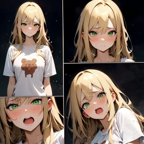 1 Girl,Three-quarters view from the right,Gray background,Facial expression expressions,the same person,9 facial expressions,grid,Long hair,(Blonde hair:1.4),Green Eyes,微lol,lol,cry,tired,狡黠的假lol,Shy,Bad temper,surprise,Fear,rest(Red T-shirt:1.4),best qual...