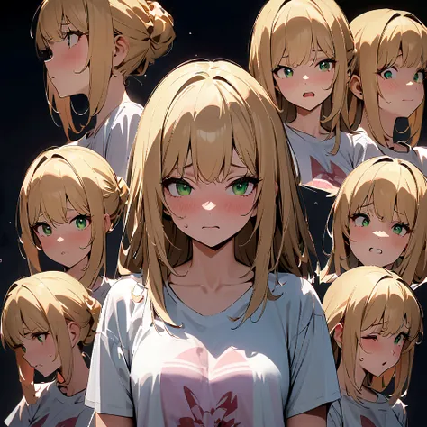 1 Girl,Three-quarters view from the right,Gray background,Facial expression expressions,the same person,9 facial expressions,grid,Long hair,(Blonde hair:1.4),Green Eyes,微lol,lol,cry,tired,狡黠的假lol,Shy,Bad temper,surprise,Fear,rest(Red T-shirt:1.4),best qual...