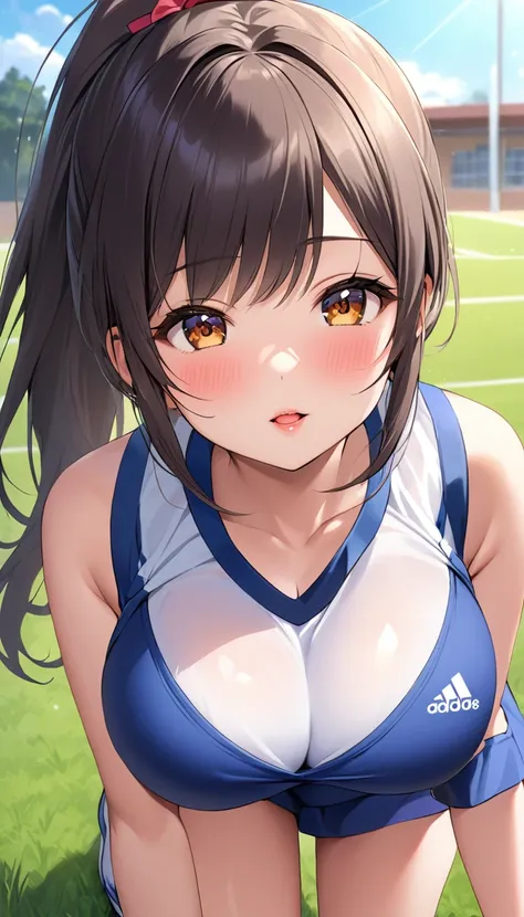 {{{{{16k,Ultra High-resolution realistic photograph of neat virgin first-year junior high school girls in School-designated gym uniform with junior high ribbon as pretty as a actress in Grass schoolyard, Shes in the first year of middle school, but shes to...