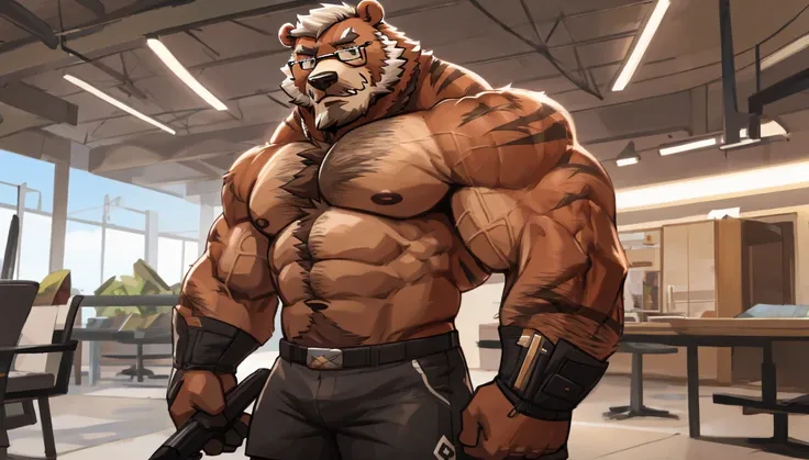 solo, 1boy, Huge Muscular Old bear wearing glasses, brown fur, hairy pectoral, huge pectoral, wide pectoral, short white hair, short pants and shirtless, bearded, mustache, simple background, masterpiece, high detailed, 8k, high resolution