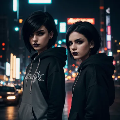 girl with short black hair, pale skin, emo style, selfie photo at night in city, (best quality,4k,8k,highres,masterpiece:1.2),ultra-detailed,(realistic,photorealistic,photo-realistic:1.37),portrait,city background, moody lighting, neon lights, dramatic sha...