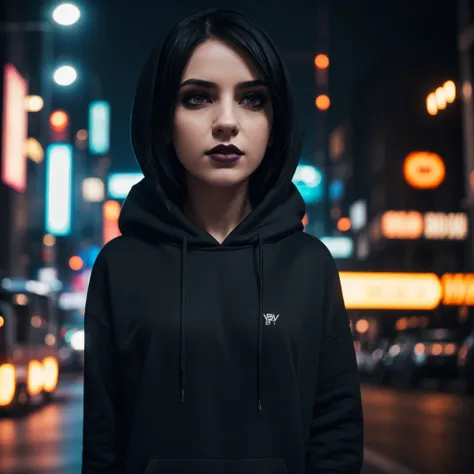 girl with short black hair, pale skin, emo style, selfie photo at night in city, (best quality,4k,8k,highres,masterpiece:1.2),ultra-detailed,(realistic,photorealistic,photo-realistic:1.37),portrait,city background, moody lighting, neon lights, dramatic sha...