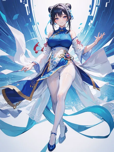 Masterpiece, best, 1 female, blue clothes, blue cheongsam, full body photo, ancient Chinese style, white cloth bun bun, black hair, shoulders, big breasts, slender legs, smile, white pantyhose, pantyhose lace side, white underwear, pale pink lips, embroide...