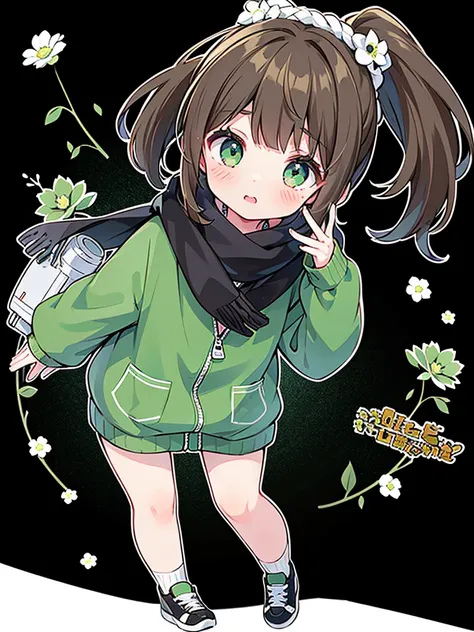 A teenage girl，Brown side ponytail，Green Eyes，scarf，Dark green windbreaker，Punk style，girl，Hand holding old camera📷，Small white flowers，Full body female love，sports shoes，black，Punk style，〈White background 1::5〉，Poker face，（（（Brown hair）））