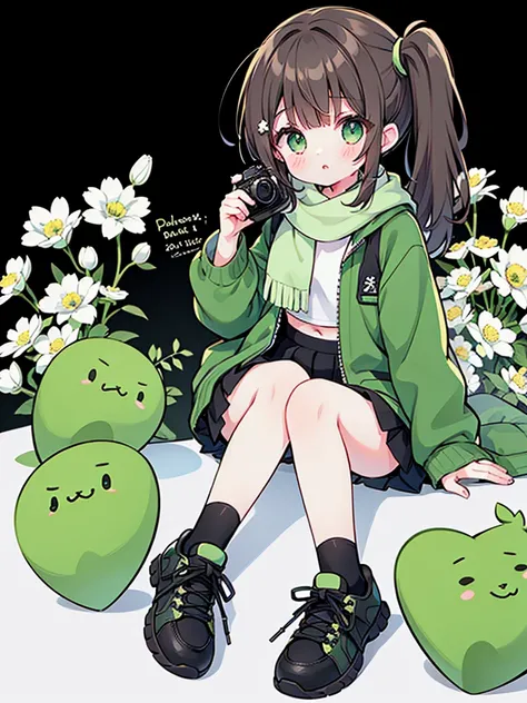 A teenage girl，Brown side ponytail，Green Eyes，scarf，Dark green windbreaker，Punk style，girl，Hand holding old camera📷，Small white flowers，Full body female love，sports shoes，black，Punk style，〈White background 1::5〉，Poker face，（（（Brown hair）））