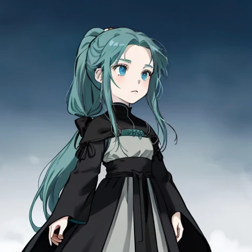 chibi girl in ghibli style with long dark turquoise hair in a ponytail in a medieval closed dark dress without background in ful...