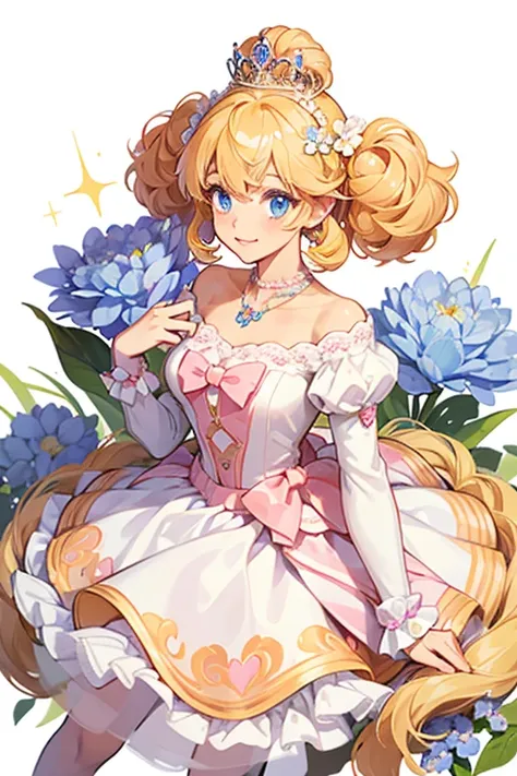 She is a tan/peach puppy girl poodle) with a white marking on her face, paws, and tail, and has cobalt blue eyes and yellow hair in poofy buns. She wears a white tiara and soft pink flower necklace.  SPARKLE; GLITTER