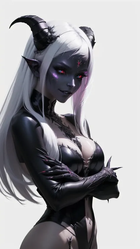 a demon with horns and white hair is posing for a picture, succubus, a demonic skin, Nectrotic skin, Burnt skin, female demon, hyperdetailed fantasy character, dark demon succubus, portrait of an demon queen, demon princess, of an elden ring demon, demon c...