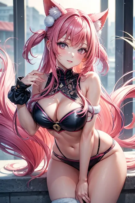 ((Masterpiece)), (Best Quality), (detailed), 1 girl,
looking at the viewer,  (lipstick:0.75), Leaning forward,
long pink hair, two tails,
colorful thighs,
winter, vivid colors,