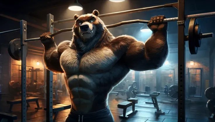 solo, 1boy, Huge Muscular Old Grizzly Bear wearing glasses , pectoral, huge pectoral, wide pectoral, short white hair, short pants black wristbands and shirtless topless, bearded, Mustache, gym background, masterpiece, high detailed, 8k, high resolution, a...