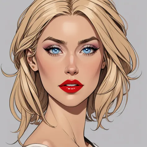 Flat colors, close-up, portrait, of a 40-year-old, sexy plumb looking girl, perfect makeup, red lipstick, perfect olive skin, ([blue eyes]) Long blondie hair, natural eyebrows natural beaty, beautiful, blouse, masterpiece, (([Simple grey background]))